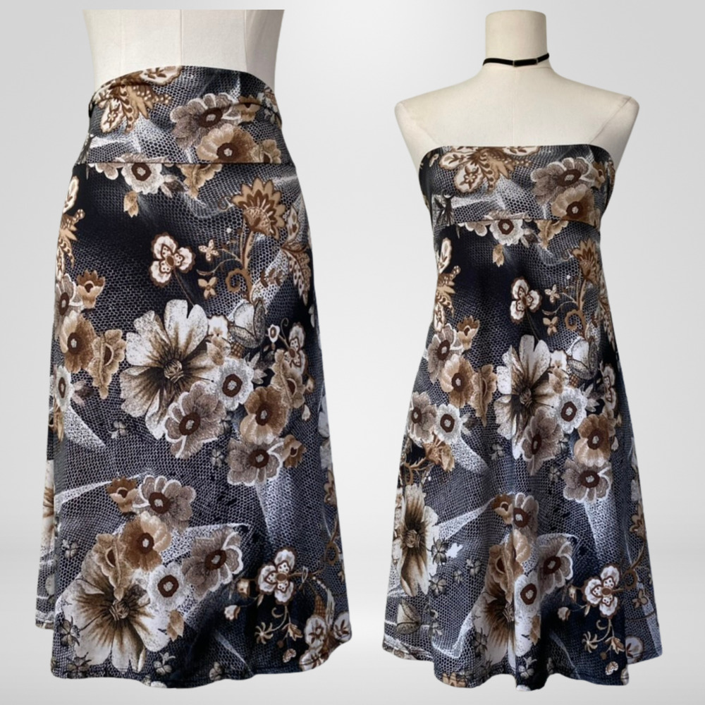 Floral A-Line Midi Skirt in Black and Brown